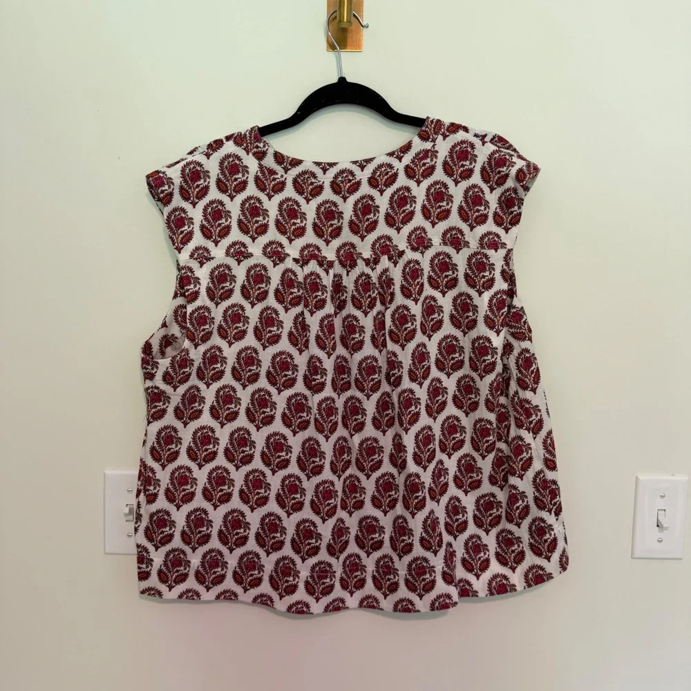 J. Crew‎ Womens Large Red Block Print Floral Paisley Sleeveless Button Back Top